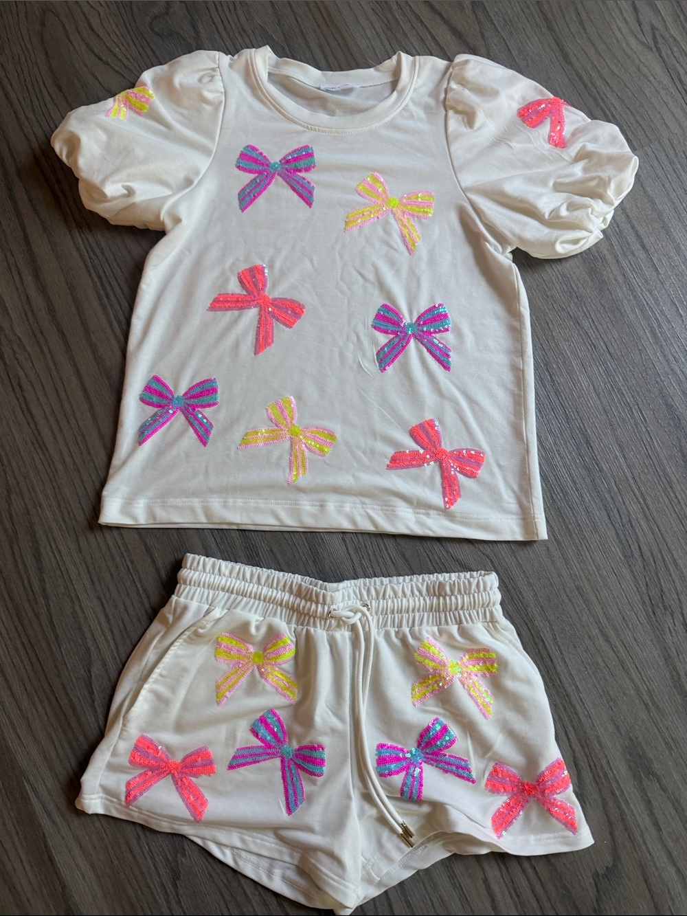 Women’s Small or Kids XL White Pajama Set with Neon Bow Accents